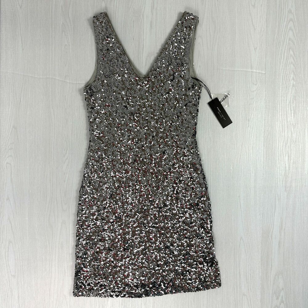 NWT Romeo + Juliet Couture Womens Small Silver Sequin V-Neck Mini Dress Sparkle